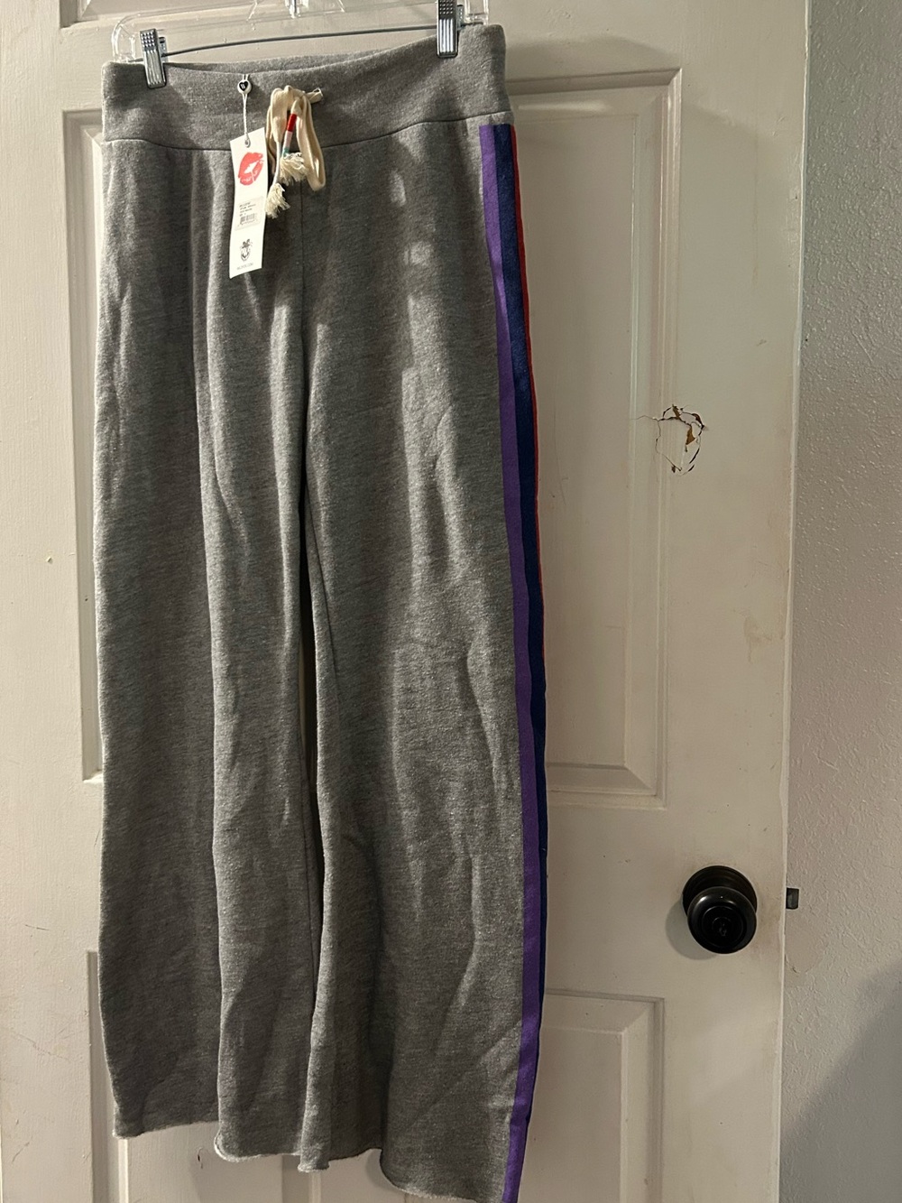 Wildfox Gray Sweatpants with Purple & Red Side Stripes